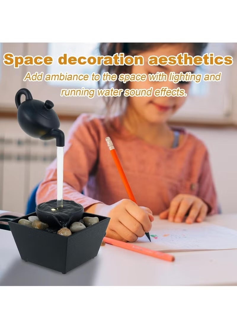 نافورة مياه ديكور مع إبريق شاي عائم – شلال سطح طاولة بإضاءة LED وأحجار مزخرفة – تصميم مستوحى من ثقافة الشاي الصيني – تعمل بالبطارية أو USB – ديكور داخلي مريح للمكتب أو المنزل - Image 5